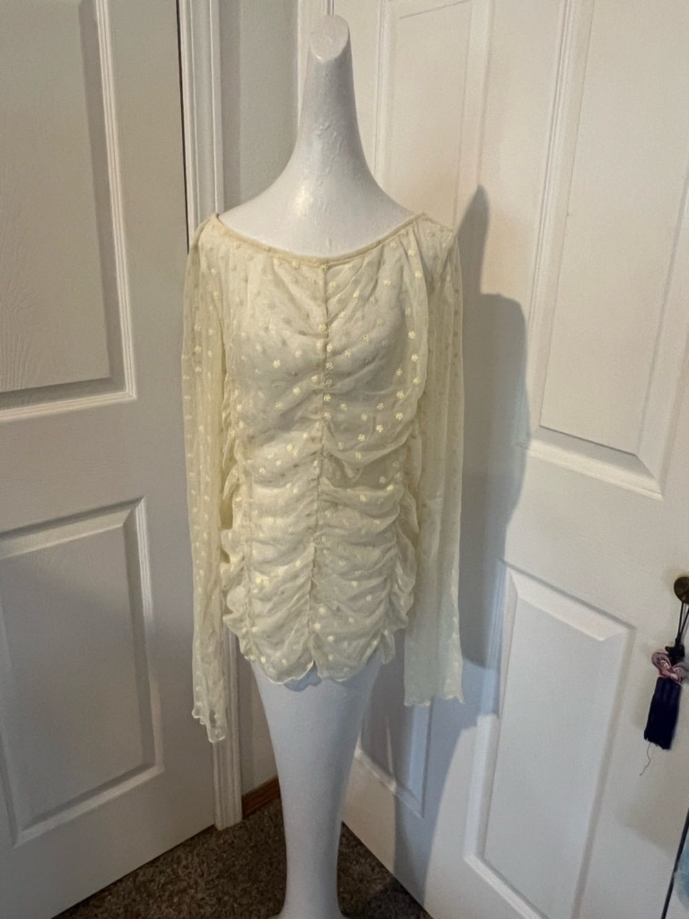 Intimately Free People Ruched Long-Sleeve Sheer Dot Blouse - butter yellow